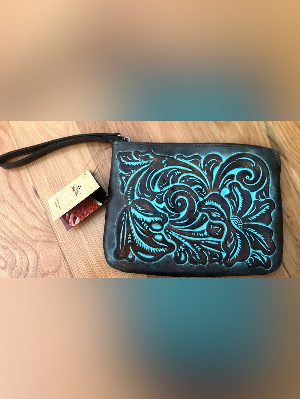 Women’s Embossed Floral Wristlet - Turquoise & Brown
